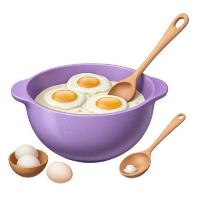 a lilac ceramic mixing bowl with a wooden spoon stirring and sitting next to it is a few eggs sticker