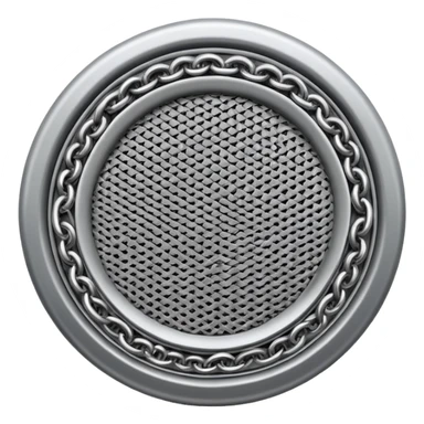3D render of Speaker Grille, made of interlocking chainmail metal rings, wire mesh texture, visible holes and negative space, metallic silver and grey, high contrast shadows, emoji style, isolated on white background --v 6.0. sticker