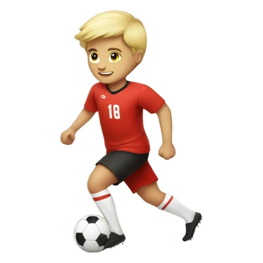 Boy is blonde Playing soccer and wearing a red yersey sticker