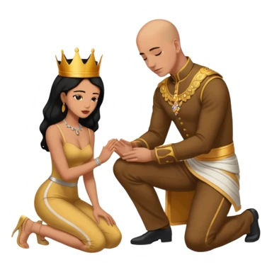 Bald headed brown skinned man kneeling down while a black haired  queen looks down  in approval  sticker