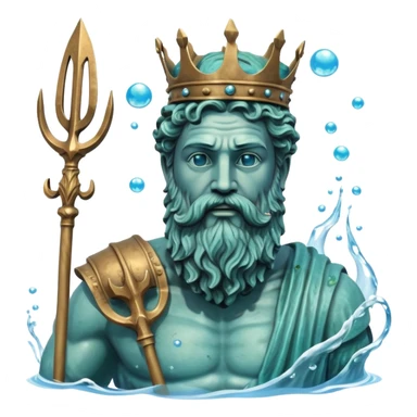 Bust of Poseidon underwater, Greek god with beard and crown, sea god statue with trident, bubbles around, blue water background sticker
