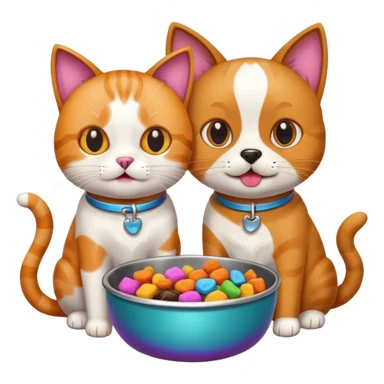 a cat and a dog eating treats from a bowl sticker