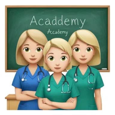 3 different nurses, wearing green and blue work clothes, in a classroom, "Academy" written in white on board sticker
