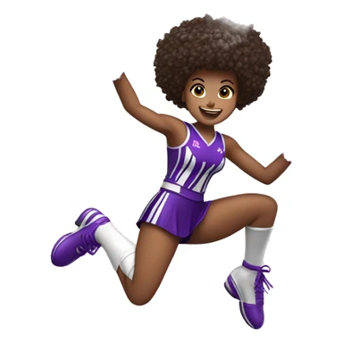 Caucasian cheerleader with dark brown curly hair, jumping and holding up two purple Pom poms, small full body emoji sticker