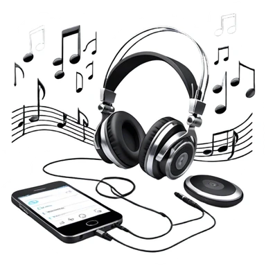 Icon for R&B Music Listening: a pair of high-quality headphones with a music player or speaker beside it, surrounded by musical notes and a subtle background of R&B-related elements like smooth grooves or a microphone. Transparent background. sticker