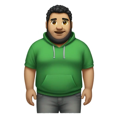wide fat guy with black hair big chest green hoodie and grey jeans and a shaved beard, with little acne sticker