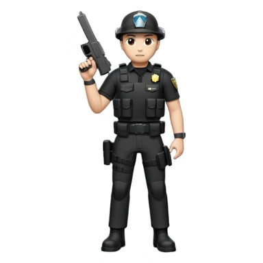 Arm security patrol officer with a Glock 19 standing in the night with full gear, black pants, black shirt, black plate, carrier, black boots, black belt, black holster with a Glock 19 sticker