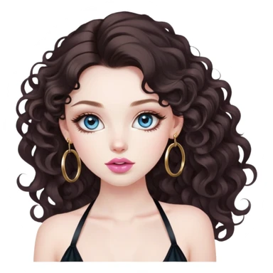 beautiful girl with big blue-grey eyes, long lashes, pale skin, nice pink lips, and long & voluminous dark brown curls. she has baddie energy. we see her whole head down to her chest. she's wearing gold hoops and a cute silky halter top. sticker