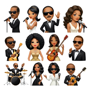 Icon for R&B Music: collage of legendary R&B artists—Diana Ross, Stevie Wonder, Marvin Gaye, Janet Jackson, Billy Ocean, and Whitney Houston. Represented by silhouettes or symbolic items like a microphone, guitar, or music notes. Transparent background. sticker