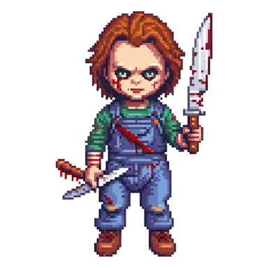 Chucky doll holding a bloody knife, horror style sticker