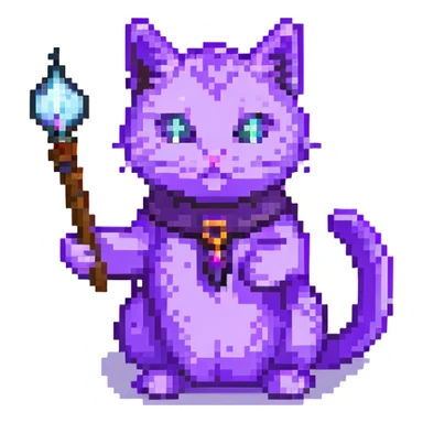 purple cat casting a spell pixel art sticker