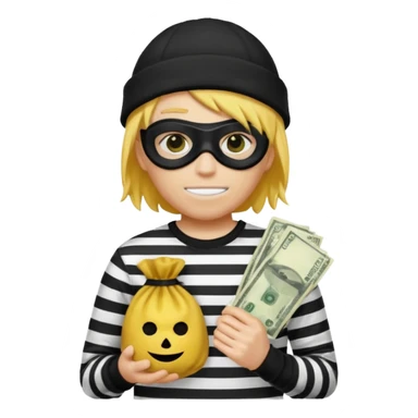 A yellow guy with a black beanie white black striped shirt a black mask for it's eyes and holding a money bag with yellow hair sticker