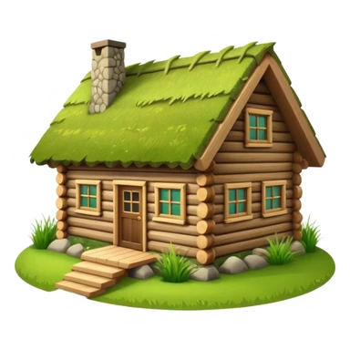 traditional Norwegian log cabin house with grass roof, wooden texture, emoji style sticker