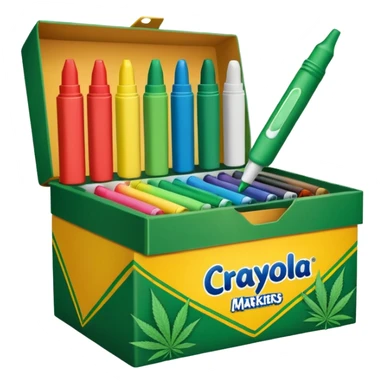 a box of crayola permanent markers with cannabis leaf sticker