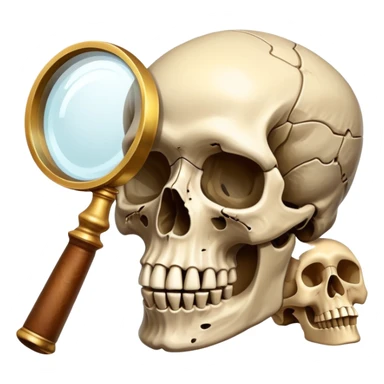 An icon showing a skull and ancient artifacts, representing anthropology. The design features a magnifying glass examining bones, fossils, and cultural symbols, symbolizing the study of human evolution and societies. Transparent background  sticker