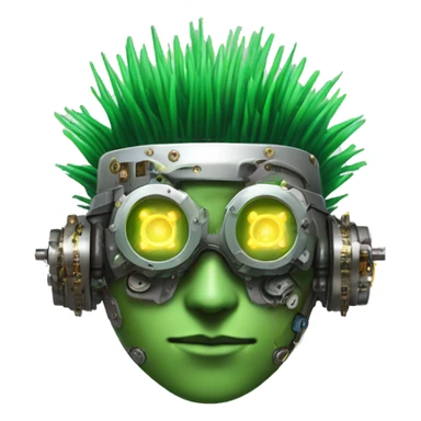 Green Mohawk hair male cyborg head with white steampunk goggles and circuits sticker