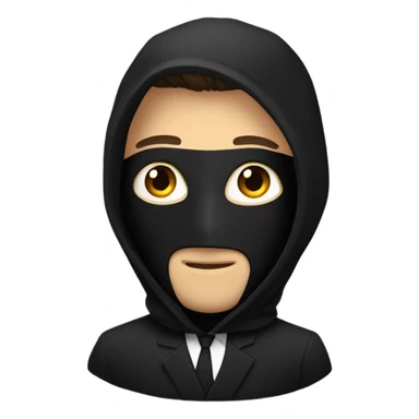 Man in a full black suit and a black hood with a black mask that has details of his face sticker
