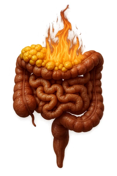 intestino umano con cellule gialle di grasso a grappoli attaccate sopra, con fiamma che brucia, iperrealistici 4k sticker