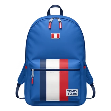 simple blue backpack, at the bottom pocket there is a  logo featuring a Tommy Jeans-inspired logo. The logo looks like a vertical one red, one white. The flag are vertical, not horizontal. Flat

 sticker