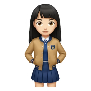hair : black long hair with fringe 
skin : light 
cloth : brown varsity jacket + navy long long school girl skirt 


 sticker