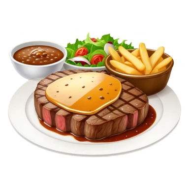 big juicy australian steak meal featuring chips, small salad in a ramiken and gravy  sticker