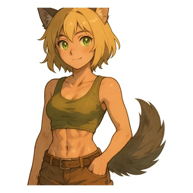 anime style furry girl with wolf ears and tail, short blonde hair, green shining eyes, hourglass figure, attractive abs, soft skin, evening vibe, ghibli style sticker