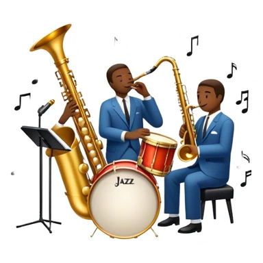 Icon for Jazz Music: The Jazz Messengers, featuring a dynamic composition with Art Blakey on drums and musicians playing saxophone, trumpet, and piano. Musical notes and a warm jazz club atmosphere emphasize the vibrant hard bop style. Transparent background. sticker