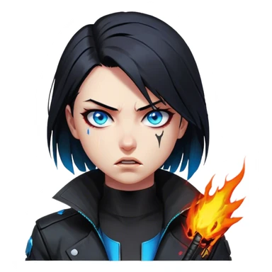 Black hair cyberpunk 2077 chibi girl with blazing blue eyes and black jacket. emotional action angry sticker