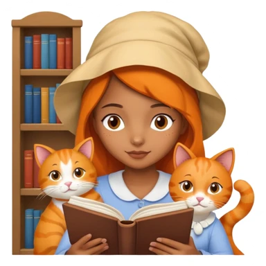 Brown girl with a bonnet on reading a book with her orange cat laying next to her sticker