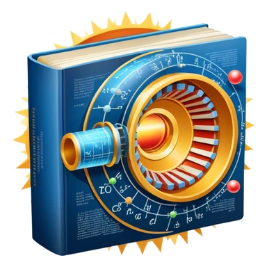 An icon featuring a physics textbook, a large Hadron Collider with particles flying off, symbolizing the study of physics. The design includes atomic models, energy waves, and scientific formulas, representing fundamental physical principles and research. Transparent background. sticker