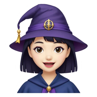 An Asian short-haired girl with short raven hair and bangs, with heterochromia eyed, eyeliner, and laughs with a tiny fang of mauve-toned lipstick, wears a dark navy wizard hat with an emblem on it. sticker