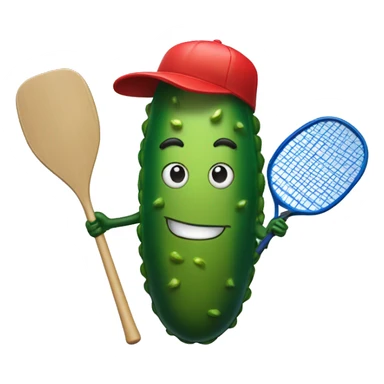 pickle with legs, wearing a jersey, mouth smiling, wearing cap, holding a solid red paddle ball racket, blue backgound, wearing sunglasses sticker