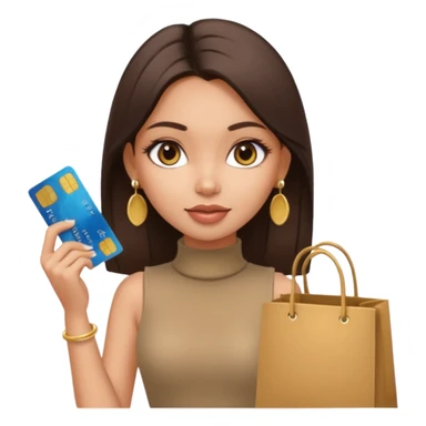 a pretty bratz fair indian girl wearing a beige sleeveless turtleneck, golden earrings, straight ling hair, holding bank cards, dark brown hair, carrying shopping bags sticker