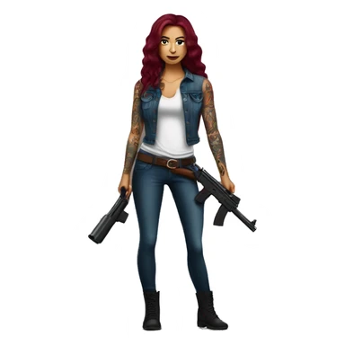 Beautiful tattooed burgundy long haired woman with a gun sticker