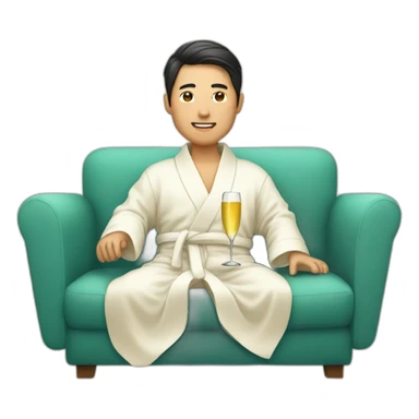 A Korean man in a bathrobe on the sofa with a glass of champagne sticker