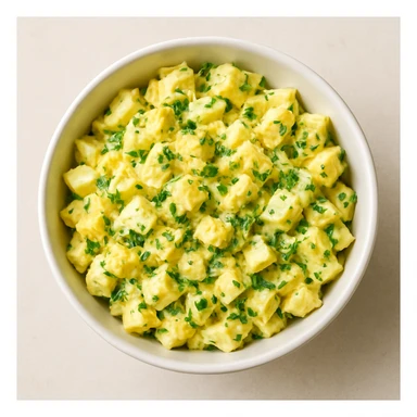 bowl of egg salad, chopped eggs and herbs, appetizing, minimal background sticker