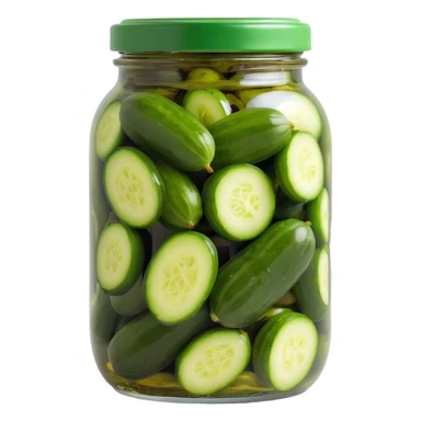 transparent glass jar filled with green pickled cucumbers, visible brine inside, tightly sealed smooth shiny dark green lid contrasting with lighter green pickles sticker