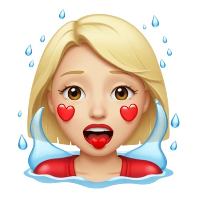blonde having crying emoji tears (water-emoji) from hard laughter. really happy in general, happy eyes and open mouth. red lipstick sticker