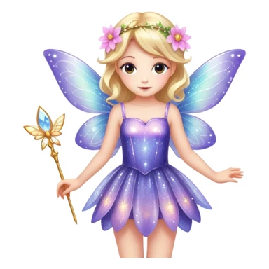 Cute fairy girl with delicate wings, sparkly wand, floral dress, and magical glitter sticker