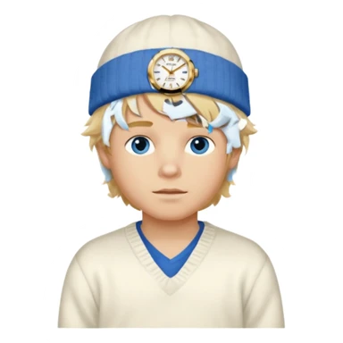 Create a look for a blond boy with long, tousled hair, light eyes, a white sweater, a wealthy appearance, blue eyes, and accessories like a Rolex or Cartier watch, and a cute face with messy hair down. blue eyes + + pajama white fluffy + cap fluffy sticker