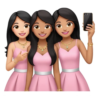 Just 3 besties with professional glammed up looks wearing pink and white, all medium skin tone smiling big with black long hair. Very girly wearing jewelry, taking a selfie  sticker