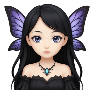 Gothic anime fairy with long beautiful black hair and black dress, pastelcore, sticker