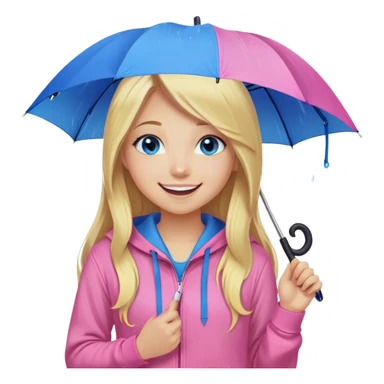 Cinematic realistic emojis in the form of a blonde girl with a joyful smile, long hair, blue eyes, wearing a pink hoodie, holding an umbrella over her from the rain sticker