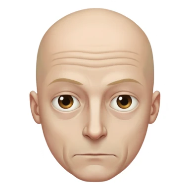 Steven Miller, bald, very grim expression, very narrow face, pronounced sagging eyelids lower on outer sides, bottom lip sticking out sticker