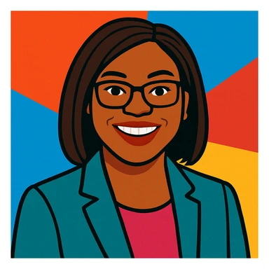 Kemi Badenoch, smiling, wearing a blazer, vibrant toon style sticker