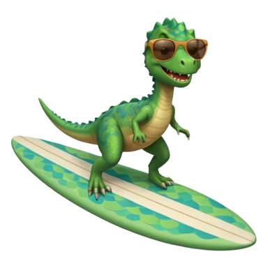smiling dinosaur riding a surfboard sticker