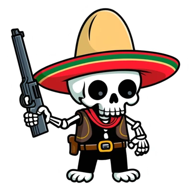skull wearing mexican hat with a gun sticker