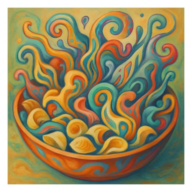 a surrealist interpretation of a bowl of orecchiette, with pasta morphing into abstract forms, playful and imaginative sticker