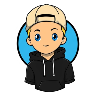 young man with short blonde hair, blue eyes, light skin, dark cap, dark hoodie over a "SAVAGE" t-shirt, white outline sticker effect sticker