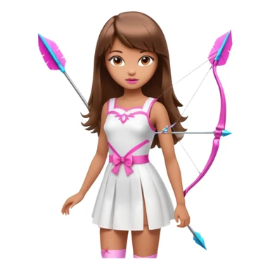Hada sexy cupido pequeña  de cabello largo lacio castaño con flequillo y ojos cafés  vestida con algo sensual corto color blanco o rojo arco delgado con un color que combinen   y flechas  igual delgadas  que combinen y labios rosas tipo Barbie pero en hada cupido de cuerpo completo ojos sexys  sticker